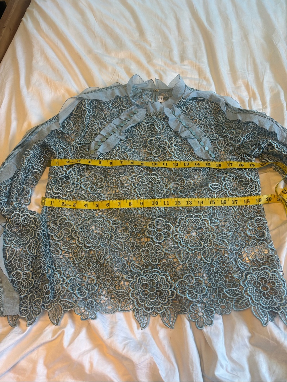 VGUC Self-Portrait Pale Blue Floral Lace Blouse with Organza Ruffles US 8/10 - Picture 7 of 13